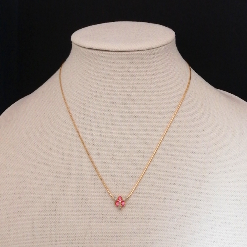 Avon 1985 Minimalist Necklace Pink Sparkle Clear Rhinestones Gold Chain
